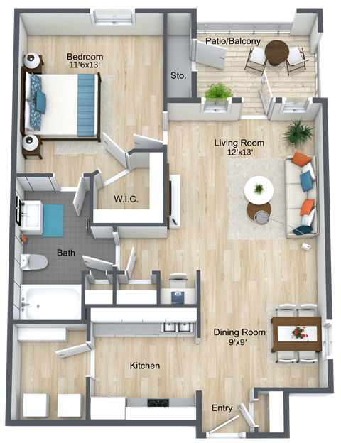 Floor plan for 1 bed, 1 bath, 733 sqft